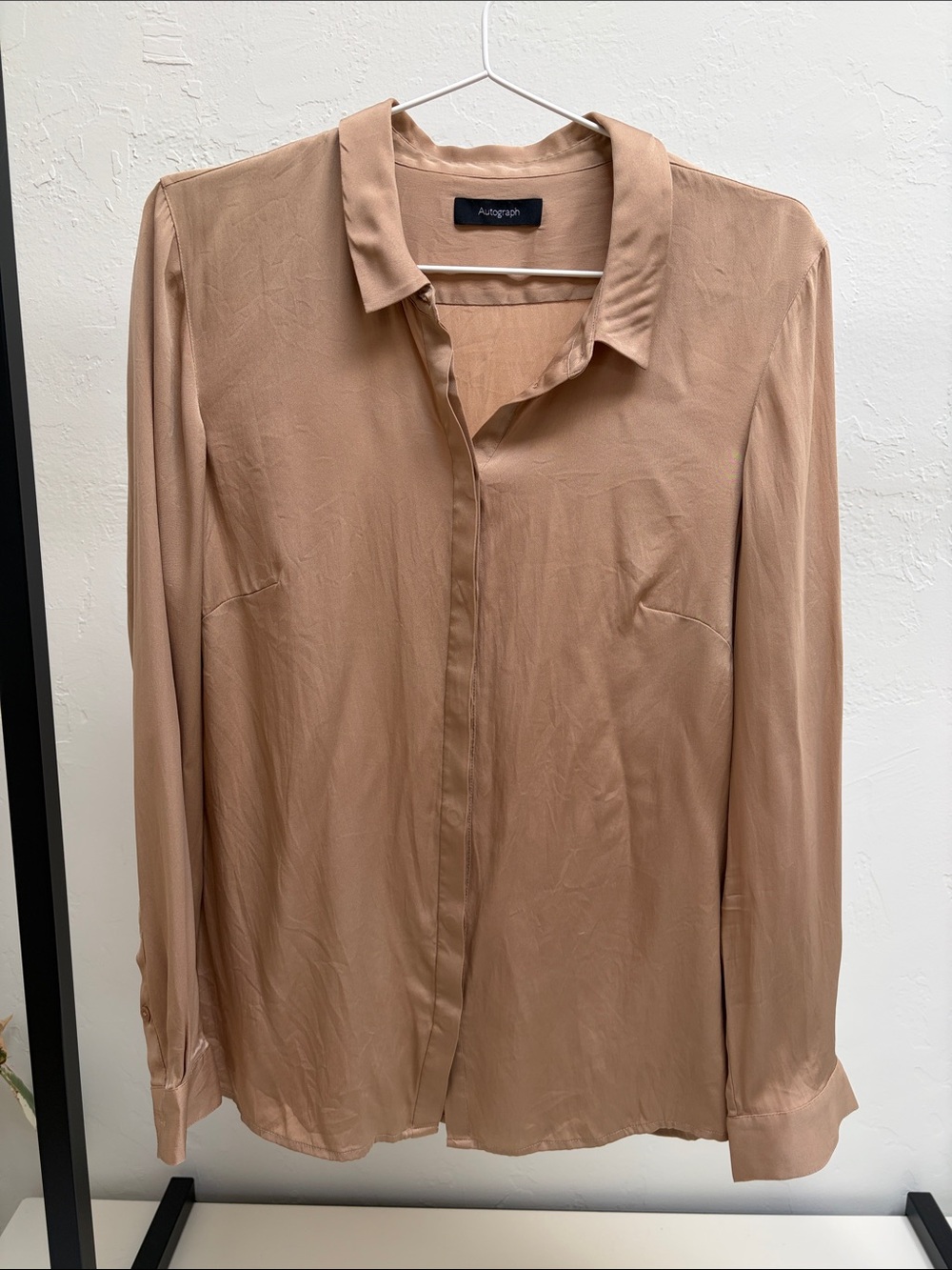 Autograph Silk Camel/Tan Hidden-Placket Button-Down Blouse